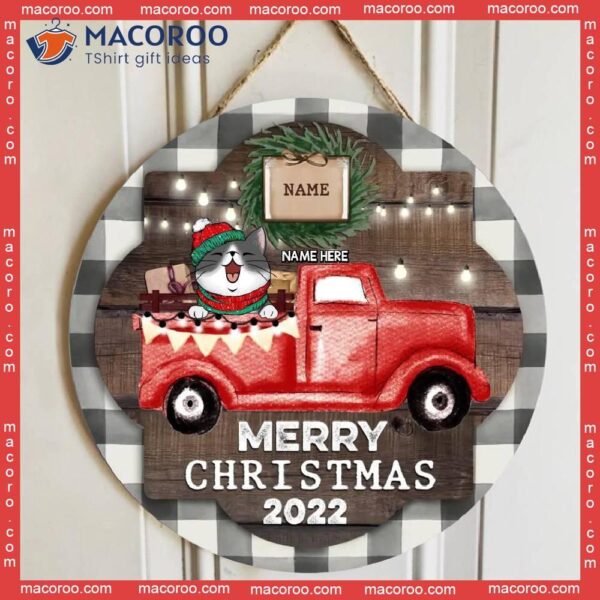 Merry Christmas 2022 Cats On Red Truck Welcome Door Signs , Cat Mom Gifts,christmas Decorations, Gifts For Lovers
