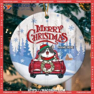 Merry Christmas Blue Tree Red Truck Circle Ceramic Ornament, Kitty Ornaments