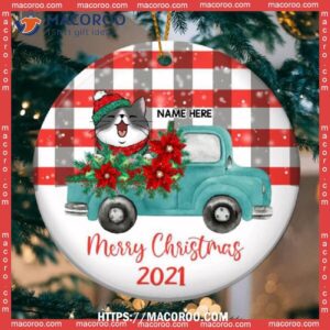 Merry Christmas Blue Truck Plaid Circle Ceramic Ornament, Cat Tree Ornaments