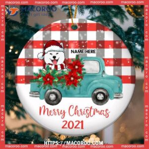 Merry Christmas Blue Truck Plaid Circle Ceramic Dogs First Christmas Ornament