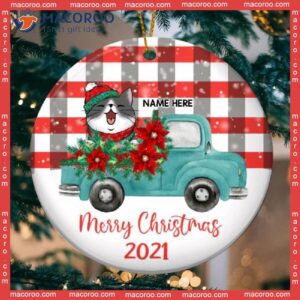 Merry Christmas Blue Truck Plaid Circle Ceramic Ornament, Personalized Cat Lovers Decorative Ornament