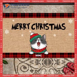 Merry Christmas Buffalo Plaid Front Door Mat,christmas Custom Doormat, Gifts For Cat Lovers
