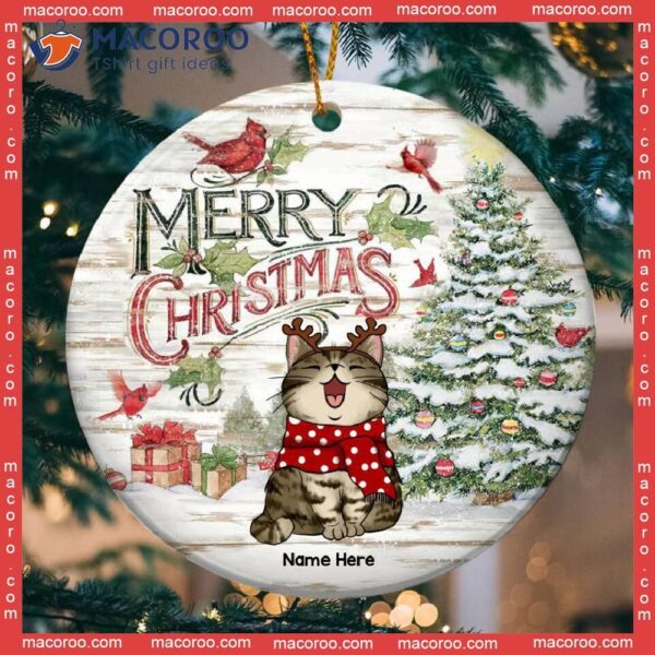 Merry Christmas Cardinals Bright Wooden Circle Ceramic Ornament, Personalized Cat Lovers Decorative Ornament