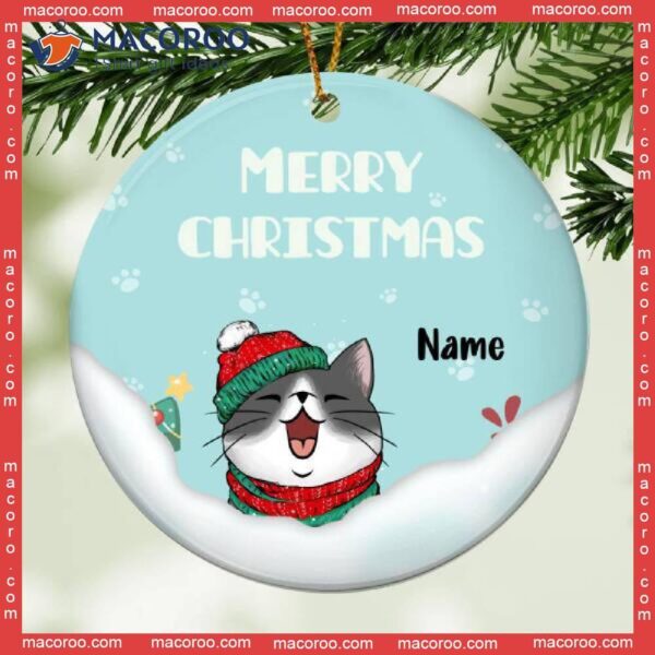 Merry Christmas, Cat On Snow Circle Ceramic Ornament, Personalized Breeds Ornament