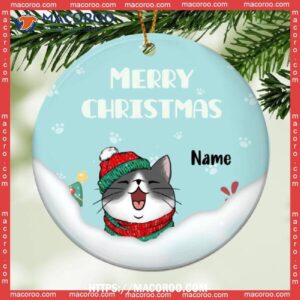 Merry Christmas, Cat On Snow Circle Ceramic Ornament, Personalized Breeds Ornament, Cat Tree Ornaments