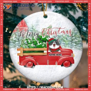 Merry Christmas Circle Ceramic Ornament, Cat With Red Truck And Pine Tree, Personalized Lovers Decorative Ornament, Cat Christmas Ornaments Personalized
