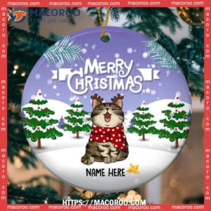 Merry Christmas Custom Color Sky Snowy Circle Ceramic Ornament, Grey Cat Ornaments