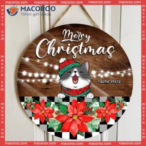 Merry Christmas, Dark Wooden, Poinsettia, Personalized Cat Christmas Wooden Signs