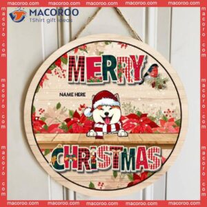 Merry Christmas, Flower Rustic Door Hanger, Personalized Christmas Dog Breeds Wooden Signs, Front Decor