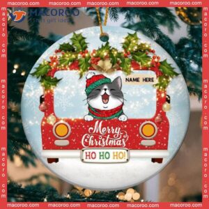 Merry Christmas Ho Red Truck Circle Ceramic Ornament, Personalized Cat Lovers Decorative Ornament