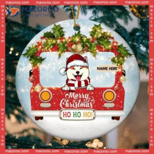 Merry Christmas Ho Red Truck Circle Ceramic Ornament, Personalized Dog Lovers Decorative Ornament