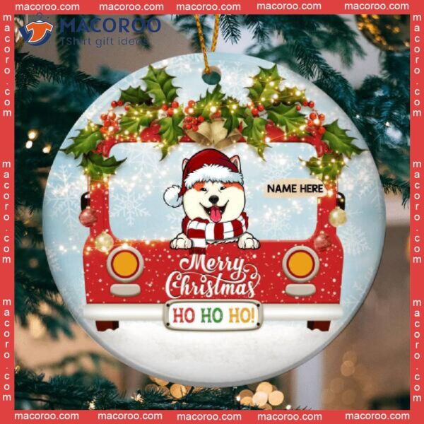Merry Christmas Ho Red Truck Circle Ceramic Ornament, Personalized Dog Lovers Decorative Ornament