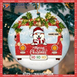 Merry Christmas Ho Red Truck Circle Ceramic Ornament, Personalized Dog Ornaments