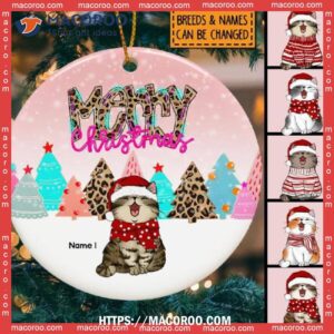 Merry Christmas Leopard And Pink Circle Ceramic Ornament, Kitten Ornaments