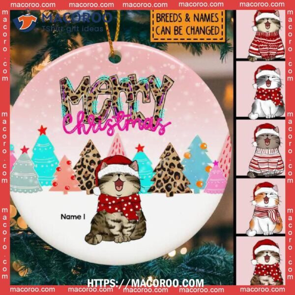 Merry Christmas Leopard And Pink Circle Ceramic Ornament, Kitten Ornaments