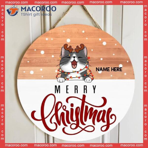 Merry Christmas, Light Brown Wooden And Snow Background, Personalized Cat Lovers Christmas Signs