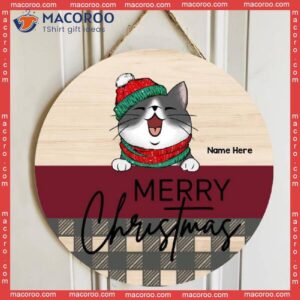 Merry Christmas, Pale, Red & Plaid, Personalized Cat Christmas Wooden Signs