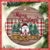 Merry Christmas Red Green Plaid & Wooden Circle Ceramic Ornament, Dog Christmas Ornaments