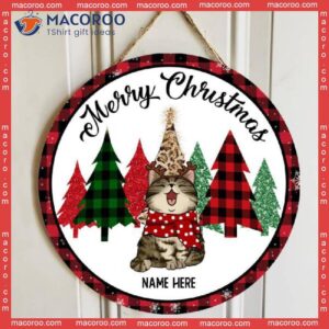 Merry Christmas, Red Plaid Around, Personalized Cat Christmas Wooden Signs