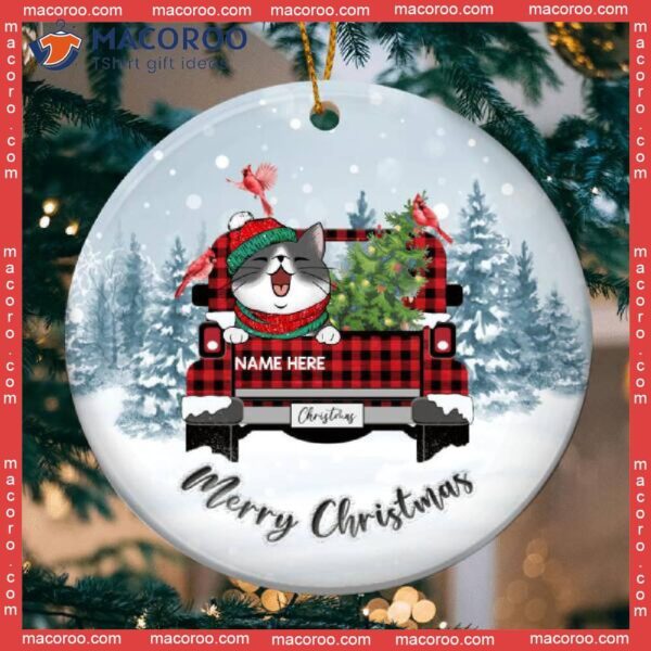 Merry Christmas Red Plaid Truck Blue Circle Ceramic Ornament, Personalized Cat Lovers Decorative Ornament