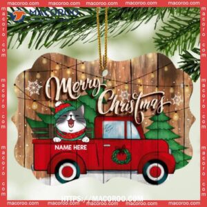 Merry Christmas Red Truck Wooden Ornate Shaped Metal Ornament, Cat Ornaments For Christmas Tree
