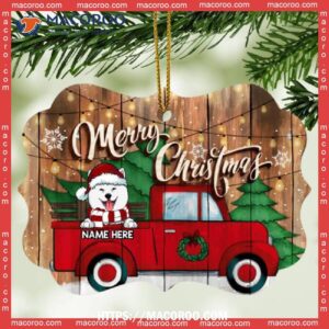 Merry Christmas Red Truck Wooden Ornate Shaped Ornament, Golden Retriever Ornament