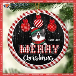 Merry Christmas Red Xmas Balls Circle Ceramic Ornament, Personalized Cat Lovers Decorative Ornament