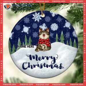 Merry Christmas White Snowflake Navy Circle Ceramic Ornament, Personalized Cat Lovers Decorative Ornament