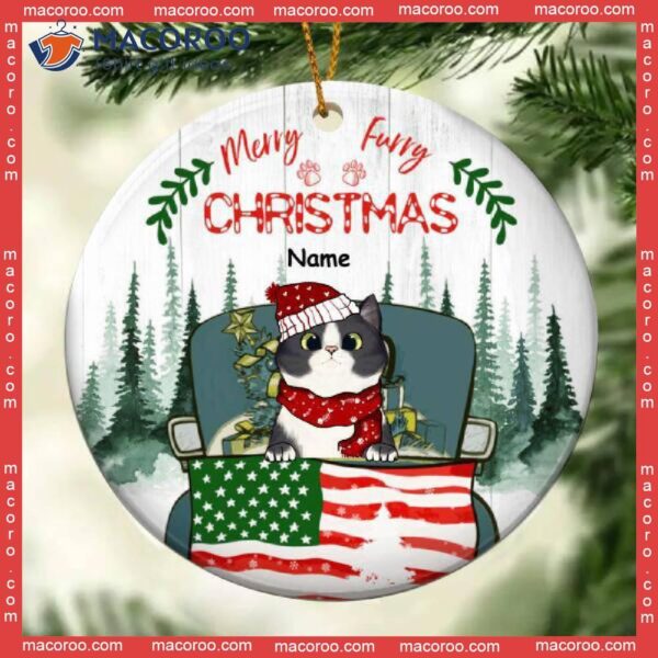 Merry Furry Christmas Circle Ceramic Ornament, Personalized Cat Cats On The Car With Flag And Green Forest Background