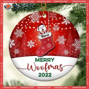 Merry Woofmas 2022 Xmas Stocking Circle Ceramic Ornament, Personalized Dog Lovers Decorative Christmas Ornament
