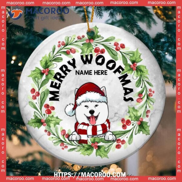 Merry Woofmas Berries White Marble Circle Ceramic Ornament, Dogs First Christmas Ornament
