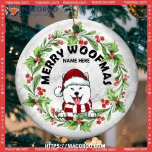 Merry Woofmas Berries White Marble Circle Ceramic Ornament, Kitty Ornaments