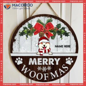 Merry Woofmas, Christmas Rustic Door Hanger, Personalized Dog Breeds Wooden Signs, Front Decor