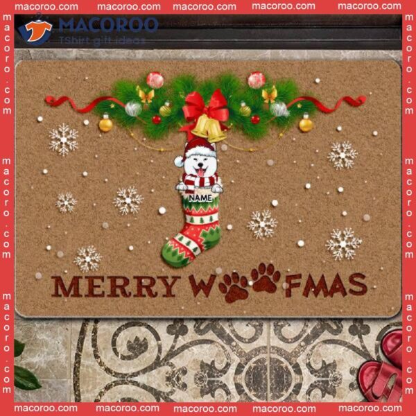 Merry Woofmas Dogs On Socks Front Door Mat,christmas Personalized Doormat, Gifts For Dog Lovers
