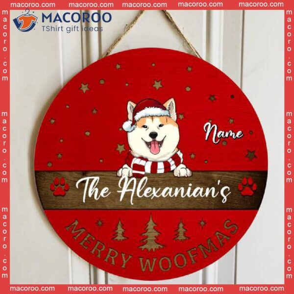 Merry Woofmas Door Hanger, Personalized Dog Breeds And Family Name Wooden Signs, Xmas Gifts For Lovers