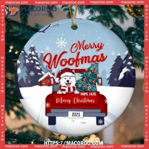 Merry Woofmas Red Truck Blue Tones Circle Ceramic Ornament, Dog Memorial Ornament
