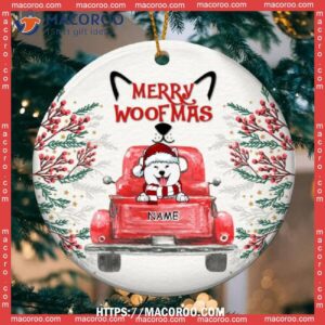Merry Woofmas, Red Truck Circle Ceramic Ornament, Personalized Dog Breeds Lovers Gifts, Custom Dog Ornaments