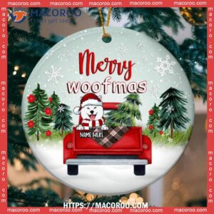 Merry Woofmas Red Truck Mint Sky Circle Ceramic Ornament, Pug Ornament