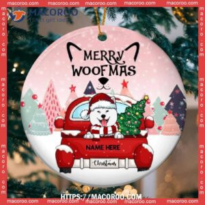 Merry Woofmas Red Truck Pink Sky Circle Ceramic Ornament, Custom Dog Ornaments