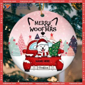 Merry Woofmas Red Truck Pink Sky Circle Ceramic Ornament, Personalized Dog Lovers Decorative Christmas Ornament