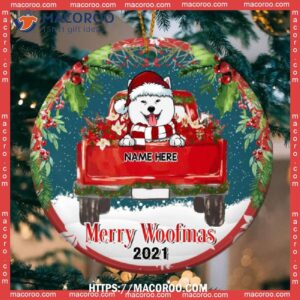 Merry Woofmas Red Truck Starry Night Circle Ceramic Ornament, Golden Retriever Ornament
