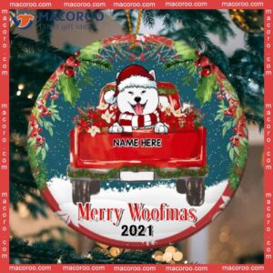 Merry Woofmas Red Truck Starry Night Circle Ceramic Ornament, Personalized Dog Lovers Decorative Christmas Ornament