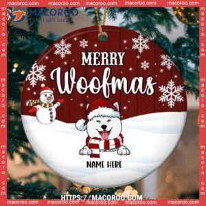 Merry Woofmas, Snowman Circle Ceramic Ornament, Personalized Christmas Dog Breeds Ornament, Dog Christmas Decor