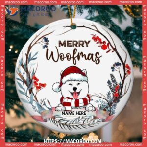 Merry Woofmas Watercolor Banner White Circle Ceramic Ornament, Cat Christmas Tree Ornaments