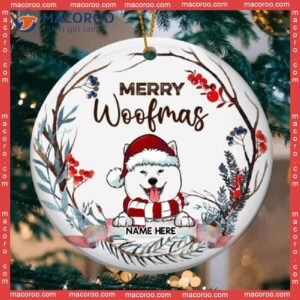 Merry Woofmas Watercolor Banner White Circle Ceramic Ornament, Personalized Cat Lovers Decorative Christmas Ornament