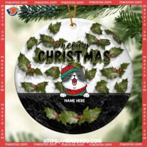 Merry Xmas Black And White Marble Circle Ceramic Ornament, Cat Lawn Ornaments