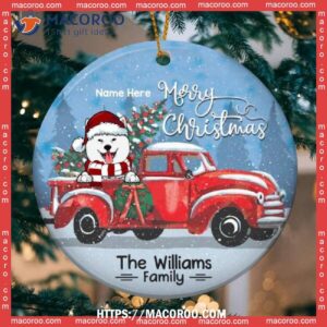 Merry Xmas From Family Red Truck Circle Ceramic Ornament, Corgi Ornament