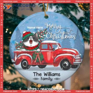 Merry Xmas From Family Red Truck Circle Ceramic Ornament, Grey Cat Ornaments
