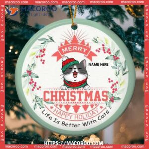 Merry Xmas Happy Holiday Mint Around Circle Ceramic Ornament, Cat Ornaments For Christmas Tree