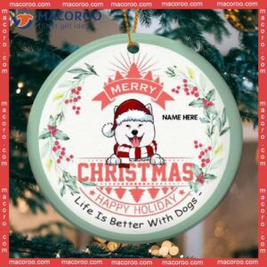 Merry Xmas Happy Holiday Mint Around Circle Ceramic Ornament, Personalized Dog Lovers Decorative Christmas Ornament